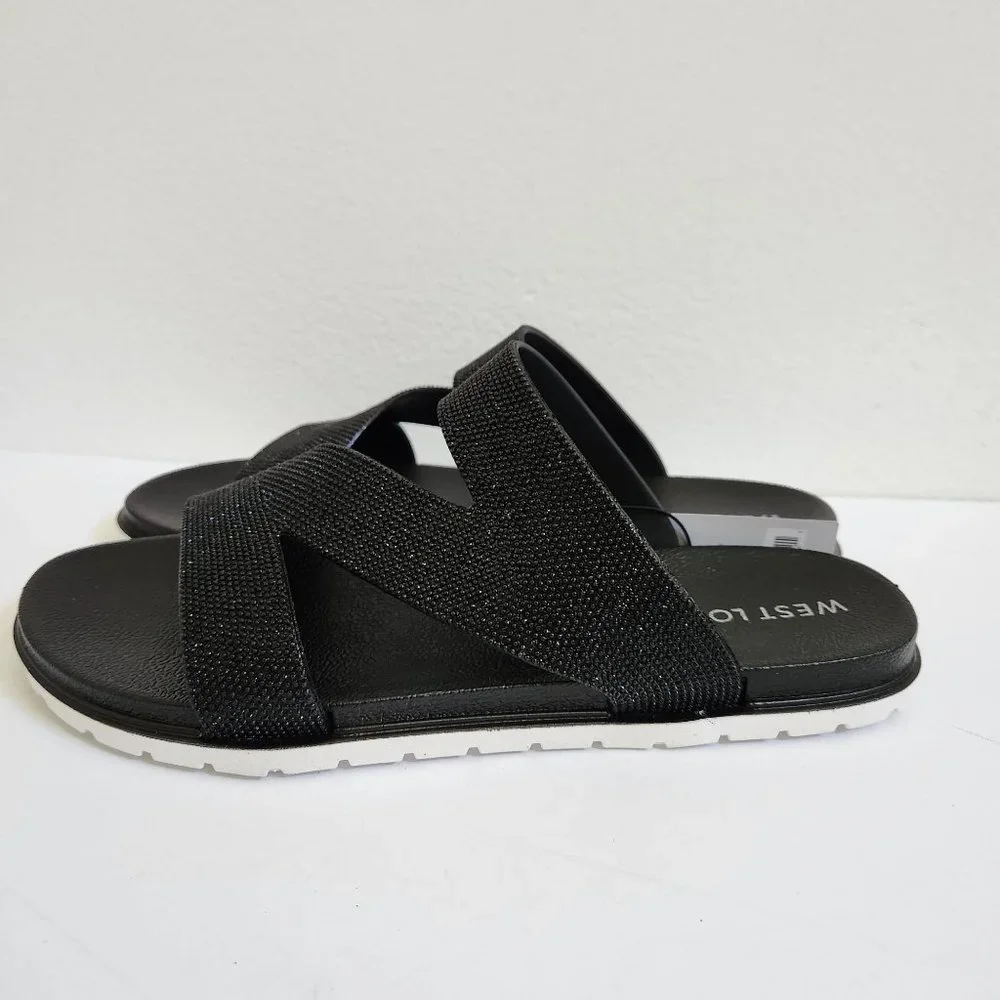West Loop Women's Casual Slip-on Glitter Slide Sandals, Black Size 7-8